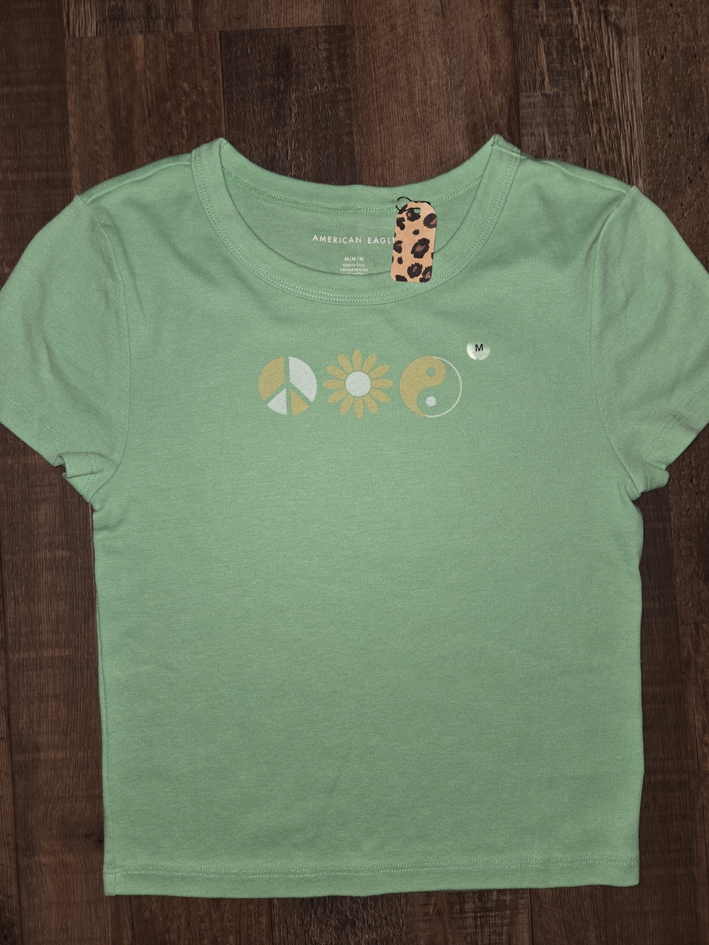 American Eagle Outfitters Light Green Graphic Peace Daisy Yin-Yang Tee